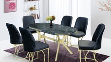 Set TIMARA, masa cu 6 scaune, ovala, 6 persoane, marmura lotus + auriu + negru, 160x80 cm