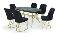 Set TIMARA, masa cu 6 scaune, ovala, 6 persoane, marmura luanda + auriu + negru, 160x80 cm