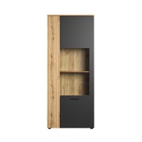 Vitrina ESTEBAN, 2 usi, geam, grafit + stejar evok, 80x42x195 cm - 1