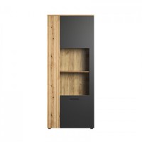 Vitrina ESTEBAN, 2 usi, geam, grafit + stejar evok, 80x42x195 cm - 1