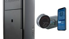 Centrala pe peleti Fornello Royal BLACK 30 kW cu control de la distanta, pompa, buncar si termostat Wi-Fi Salus IT 500