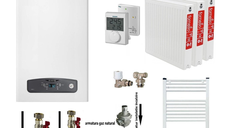 Pachet apartament cu 2 camere, centrala termica in condensatie Ariston Cares S 24 kW, kit evacuare inclus, termostat, calorifere otel, kit armaturi centrala, robineti calorifer