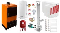 Pachet Cazan (centrala) pe combustibil solid, (lemn, carbune), Fiama W, 35 kW, Cos inox, Radiatoare Otel, Boiler Termoelectric, Vas Expansune, Pompa si Fitinguri Montaj