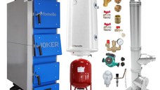 Pachet Cazan (centrala) pe combustibil solid, (lemn, carbune), Fornello Joker 42 kW, Cos Inox, Boiler, Vas Expansiune, Pompa, Fitinguri Montaj