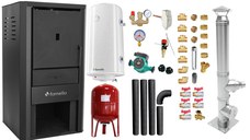 Pachet Cazan pe lemne, brichete si carbune Fornello Monza Black 27 kW, Cos inox, Kit evacuare interior, Boiler Termoelectric, Vas Expansune, Pompa si Fitinguri Montaj