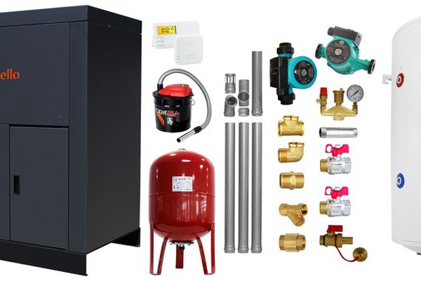 Pachet Centrala pe peleti Fornello Eco Energy 35 kW, echipata cu automatizare, afisaj digital, arzator fonta, calorifere aluminiu, boiler termoelectric, kit evacuare, aspirator, termostat, vas expansiune si fitinguri