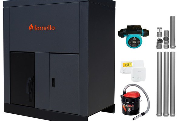 Pachet Centrala pe peleti Fornello Eco Energy 40 kW, echipata cu automatizare, pompa, afisaj digital, arzator fonta, curatare mecania a drumurilor de fum, buncar peleti integrat 100 kg, kit evacuare 3.5 ml, termostat ambient si aspirator cenusa