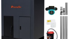 Pachet Centrala pe peleti Fornello Eco Energy 40 kW, echipata cu automatizare, pompa, afisaj digital, arzator fonta, curatare mecania a drumurilor de fum, buncar peleti integrat 100 kg, kit evacuare 3.5 ml, termostat ambient si aspirator cenusa