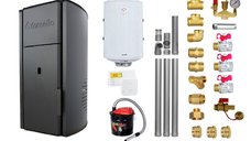 Pachet centrala pe peleti Fornello Royal Black 30 kW cu boiler 100 l, termostat wireless, aspirator de cenusa si kituri incluse