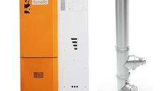 Pachet Centrala pe peleti Fornello Slimpel Easy 25 kw, arzator inox, pompa de circulatie, tiraj fortat 80 mm, pompa electronica Grundfos, sistem curatare mecanica, A+, Cos inox 6 ml 120 mm