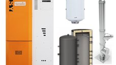 Pachet Centrala pe peleti Fornello Slimpel Easy 25 kw, arzator inox, pompa de circulatie, tiraj fortat 80 mm, pompa electronica Grundfos, sistem curatare mecanica, A+, Puffer P 500l, Cos inox 6 ml 120 mm, Boiler Termoelectric Fornello 100l