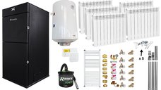 Pachet Centrala peleti Fornello Pellet King 25 kw, complet echipata, pompa circulatie, vas expansiune, automatizare, Calorifere aluminiu, Boiler, kit evacuare 3.5 ml, Aspirator Cenusa, Termostat Salus 091FLRFV2 si Fitinguri
