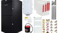 Pachet Centrala peleti Fornello Pellet King 25 kw, complet echipata, pompa circulatie, vas expansiune, automatizare, kit evacuare 3.5 ml, Boiler Termoelectric Fornello 100 l, Termostat Radio Comanda Salus 091FLRFV2, Aspirator, Radiatoare si kit mo