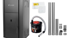 Pachet Centrala peleti Fornello Primo Pellet Black 30 kw, complet echipata cu pompa, vas expansiune, automatizare, culoare negru, kit evacuare 2.5 ml, Termostat Salus 091FLRFV2, Aspirator Cenusa