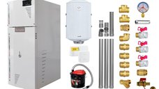Pachet Centrala termica compacta pe peleti Fornello Rossi Camino Compact 25 kw, pompa de circulatie, vas expansiune, tiraj fortat, Ecodesign, A+, Kit evacuare 3.5 ml, Boiler Termoelectric Fornello 100 l, Termostat Salus 091FLRFV2, Aspirator si Kit mo