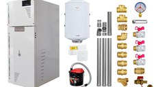 Pachet Centrala termica compacta pe peleti Fornello Rossi Camino Compact 25 kw, pompa de circulatie, vas expansiune, tiraj fortat, Ecodesign, A+, Kit evacuare 3.5 ml, Boiler Termoelectric Fornello 100 l, Termostat Salus 091FLRFV2, Aspirator si Kit mo