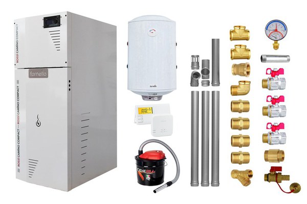 Pachet Centrala termica compacta pe peleti Fornello Rossi Camino Compact 25 kw, pompa de circulatie, vas expansiune, tiraj fortat, Ecodesign, A+, Kit evacuare 3.5 ml, Boiler Termoelectric Fornello 100 l, Termostat Salus 091FLRFV2, Aspirator si Kit mo