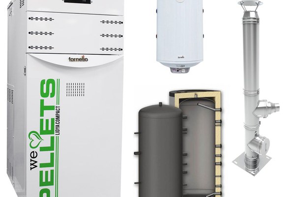 Pachet Centrala termica pe peleti Fornello Lidya Compact 25 kw, echipata cu pompa electronica Grundfos, vas expansiune, manometru, aerisitor, supapa, arzator inox, A+, Puffer P 500l, Cos inox 6 ml 120 mm, Boiler Termoelectric Fornello 10