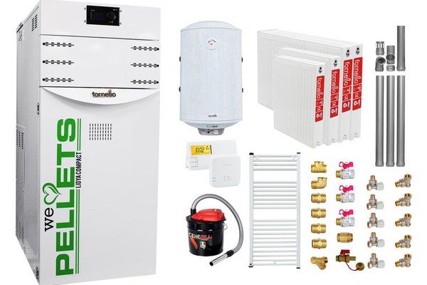 Pachet Centrala termica pe peleti Fornello Lidya Compact 25 kw, pompa Grundfos, arzator inox, curatare mecanica arzator si schimbator, A+, Kit evacuare 3.5 ml, Boiler Fornello 100 l, Termostat Salus 091FLRFV2, Aspirator, Radiatoare si Kit montaj