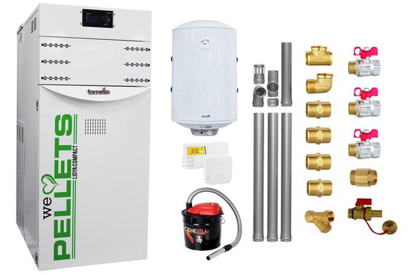 Pachet Centrala termica pe peleti Fornello Lidya Compact 25 kw, pompa Grundfos, arzator inox, curatare mecanica arzator si schimbator, A+, Kit evacuare 3.5 ml, Boiler Fornello 100 l, Termostat Salus 091FLRFV2, Aspirator si Kit montaj