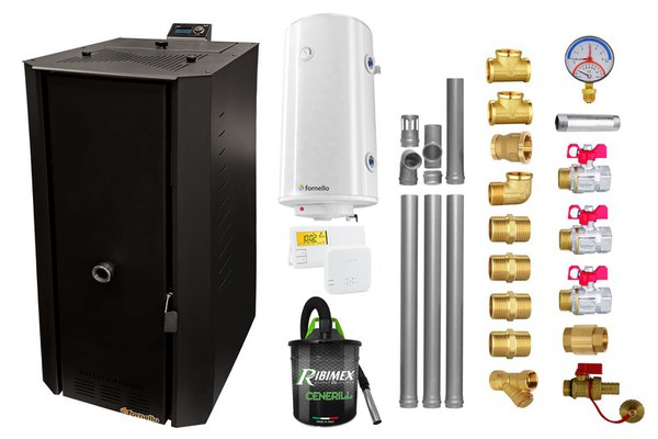 Pachet Centrala termica pe peleti Fornello Rossi B Black 25 kw, pompa de circulatie, vas expansiune, tiraj fortat, Ecodesign, A+, Boiler Termoelectric Fornello 100 l, Termostat Salus 091FLRFV2, Aspirator, Kit evacuare 3.5 ml si Fitinguri montaj