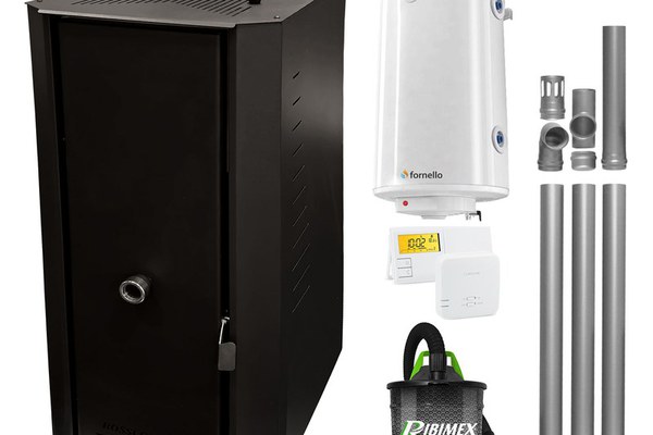 Pachet Centrala termica pe peleti Fornello Rossi B Black 25 kw, pompa de circulatie, vas expansiune, tiraj fortat, Ecodesign, A+, Boiler Termoelectric Fornello 100 l, Termostat Salus 091FLRFV2, Aspirator si Kit evacuare 3.5 ml