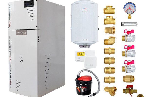 Pachet Centrala termica pe peleti Fornello Rossi Camino Compact 35 kw, pompa de circulatie, vas expansiune, tiraj fortat, Ecodesign, A+, Boiler Termoelectric Fornello 100 l, Termostat Salus 091FLRFV2, Aspirator si Kit montaj