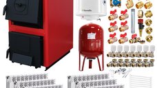 Pachet complet centrala pe combustibil solid Fornello T-PRO 25 kW cu calorifere aluminiu, boiler si accesorii