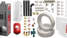 Pachet complet de incalzire si apa calda pentru 3 camere, cu termosemineu Fornello Roma E, 22 kW, boiler 100 l si radiatoare