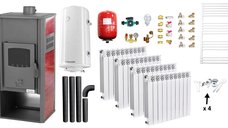 Pachet complet incalzire si apa calda Fornello Roma E 22 kW, Bordeaux - termosemineu, calorifere aluminiu, boiler si accesorii