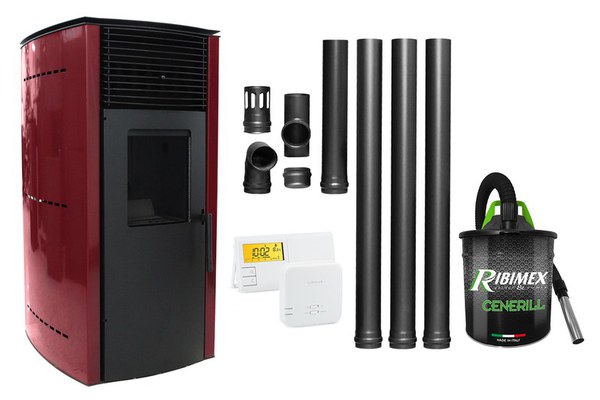 Pachet complet pentru incalzire Semineu (soba) pe peleti cu tiraj fortat Fornello Regina 8 KW, Bordeaux, include ventilator aer cald, aprindere electrica, termostat, telecomanda, recomandat pentru 80 mp, Ivory, aspirator de cenusa si kit de evacuare 