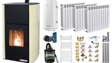 Pachet complet pentru incalzire, Termosemineu pe peleti Fornello Fiama Confort 12 kW, Calorifere aluminiu, Boiler 100 litri, Aspirator cenusa si accesorii