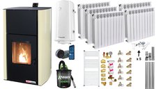 Pachet complet pentru incalzire, Termosemineu pe peleti Fornello Fiama Confort 25 kw, Calorifere aluminiu, Boiler, Termostat si Aspirator