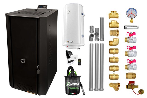 Pachet control de la distanta Centrala termica pe peleti Fornello Rossi B Black 25 kw, pompa, vas expansiune, tiraj fortat, Ecodesign, A+, Boiler Termoelectric Fornello 100 l, Termostat Salus IT500, Aspirator, Kit evacuare 3.5 ml si Fitinguri montaj