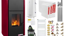 Pachet de incalzire Fornello Fiama Confort 25 kW, Bordeaux, cu radiatoare, boiler de 100 l, termostat, aspirator si kituri de montaj