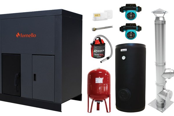 Pachet format din Centrala pe peleti Fornello Eco Energy 35 kW, Pompe circulare, Vas Expansiune, Boiler termoelectric de sol, Cos inox, Termostat ambient si Aspirator cenusa