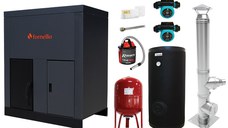 Pachet format din Centrala pe peleti Fornello Eco Energy 40 kW, Pompe circulare, Vas Expansiune, Boiler termoelectric de sol, Cos inox, Termostat ambient si Aspirator cenusa