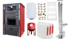 Pachet incalzire si apa calda 2 camere Termosemineu FORNELLO AVANOS 32 kw Red pe combustibil solid ( lemn,carbune,bricheti ), cos inox, boiler termoelectric 100l, vas expansiune, calorifere si kit montaj