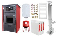 Pachet incalzire si apa calda 2 camere Termosemineu FORNELLO AVANOS 32 kw Red pe combustibil solid ( lemn,carbune,bricheti ), cos inox, boiler termoelectric 100l, vas expansiune, calorifere si kit montaj - 1