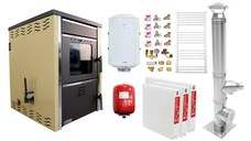 Pachet incalzire si apa calda 2 camere Termosemineu pe lemne FORNELLO TOROS 29 kw pe combustibil solid ( lemn,carbune,bricheti ), cos inox, boiler termoelectric 100l, vas expansiune, calorifere si kit montaj