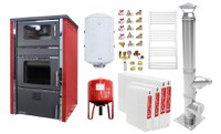 Pachet incalzire si apa calda 3 camere Termosemineu FORNELLO AVANOS 32 kw Red pe combustibil solid ( lemn,carbune,bricheti ), cos inox, boiler termoelectric 100l, vas expansiune, calorifere si kit montaj - 1