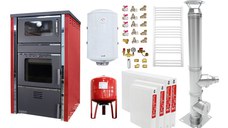 Pachet incalzire si apa calda 3 camere Termosemineu FORNELLO AVANOS 32 kw Red pe combustibil solid ( lemn,carbune,bricheti ), cos inox, boiler termoelectric 100l, vas expansiune, calorifere si kit montaj