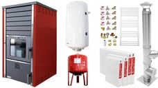 Pachet incalzire si apa calda 3 camere Termosemineu FORNELLO SUPERNOVA RED 38 KW pe combustibil solid ( lemn,carbune,bricheti ), echipat cu pompa de circulare, cos inox, boiler termoelectric 100l, vas expansiune, kit montaj si calorifere