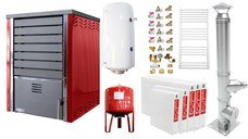 Pachet incalzire si apa calda 4 camere Centrala pe lemne FORNELLO SAUNA RED 30 kw echipata cu pompa de circulare, cos inox, boiler termoelectric 100l, vas expansiune, kit montaj si calorifere