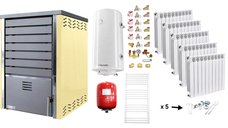 Pachet Incalzire si Apa Calda Centrala pe Lemne FORNELLO SAUNA CREAM 30 kW cu Pompa de Circulare, Calorifere Aluminiu si Boiler Termoelectric