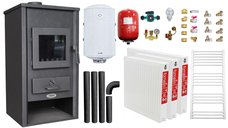 Pachet incalzire si apa calda pentru 2 camere Termosemineu pe lemne, brichete si carbune Fornello B2E, 14 kW, 46x45x91 cm, boiler termoelectric 80l, vas expansiune, pompa circulatie, kit evacuare, calorifere si kit montaj