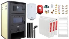 Pachet incalzire si apa calda pentru 2 camere Termosemineu pe lemne, brichete si carbune Fornello MILANO E, 24 KW, cuptor, Ivory, 580x560x1060 mm, boiler termoelectric 100l, vas expansiune, pompa circulatie, calorifere, kit evacuare si kit montaj
