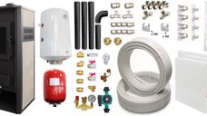 Pachet incalzire si apa calda pentru 2 camere Termosemineu pe lemne, brichete si carbune Fornello Roma E, Ivory, 22 kW, 49x45x103 cm, teava, boiler termoelectric 100l, vas expansiune, pompa circulatie, kit evacuare, calorifere si fitinguri