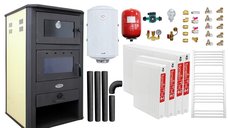 Pachet incalzire si apa calda pentru 3 camere Termosemineu pe lemne, brichete si carbune Fornello MILANO E, 24 KW, cuptor, Ivory, 580x560x1060 mm, boiler termoelectric 100l, vas expansiune, pompa circulatie, calorifere, kit evacuare si kit montaj