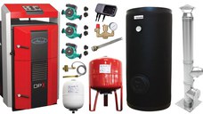 Pachet premium Cazan (centrala) pe combustibil solid, Attack DPX Standard cu gazeificare, 25 kW, cos inox, boiler de sol cu rezistenta, 2 x vas expansiune, 3 x pompe circulare, controller pompa, grup siguranta si vana sts